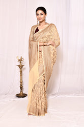 Beige-Tussar Pure Khaddi Georgette Banarasi Handloom Silk Saree